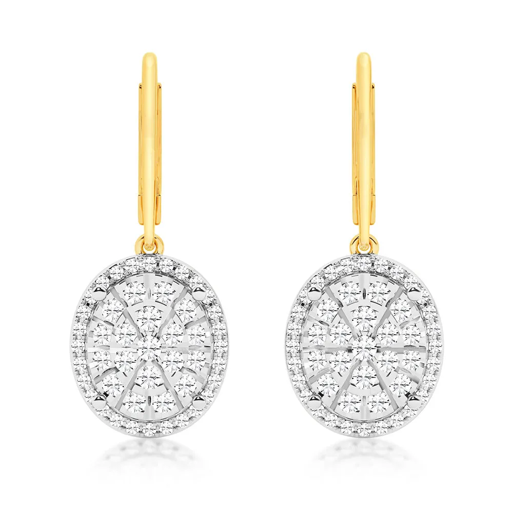 1 Carat Diamond Oval Shaped Drop Earrings in 9ct Yellow Gold & Sterling Silver