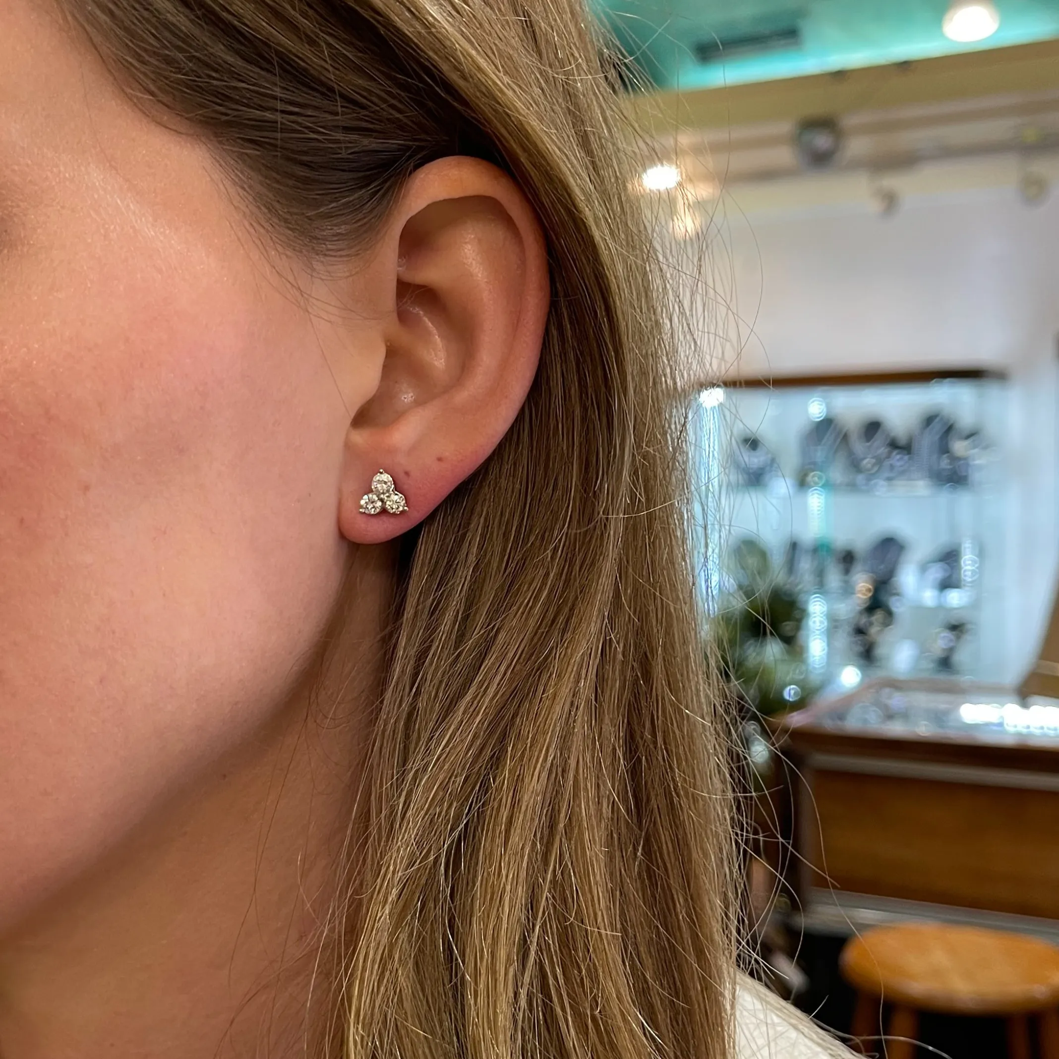 1.01CT Three Diamond 18K White Gold Stud Earrings