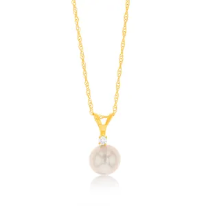 10ct Yellow Gold 7-8MM Fresh Water Pearl with Diamond Pendant