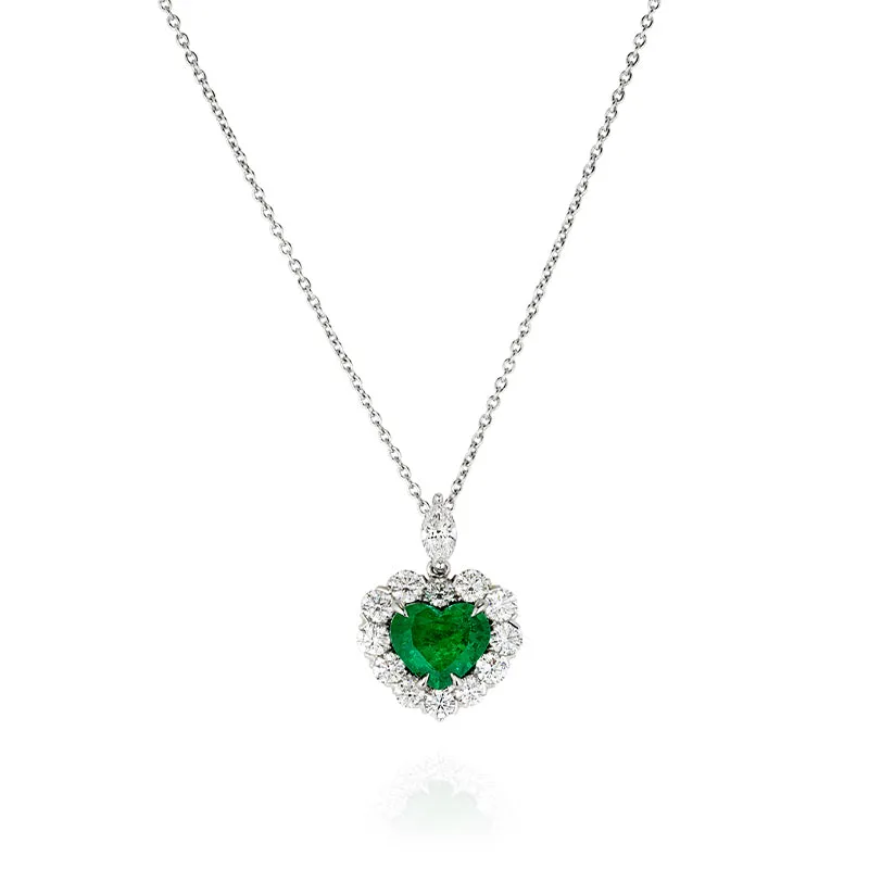 18CT WHITE GOLD HEART SHAPED COLOMBIAN EMERALD & DIAMOND NECKLACE