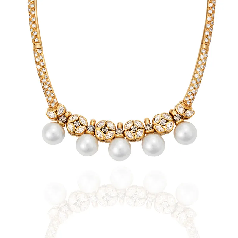 18CT YELLOW GOLD SOUTH SEA PEARL, WHITE DIAMOND AND ARGYLE CHAMPAGNE DIAMOND NECKLET