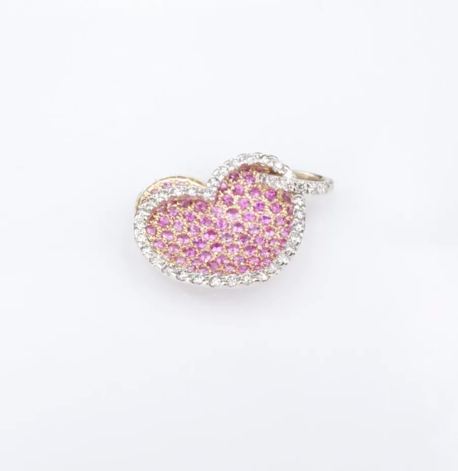 18k 2 Tone Gold Diamond Pendant Heart Pink Sapphire White Yellow 1" PG1897