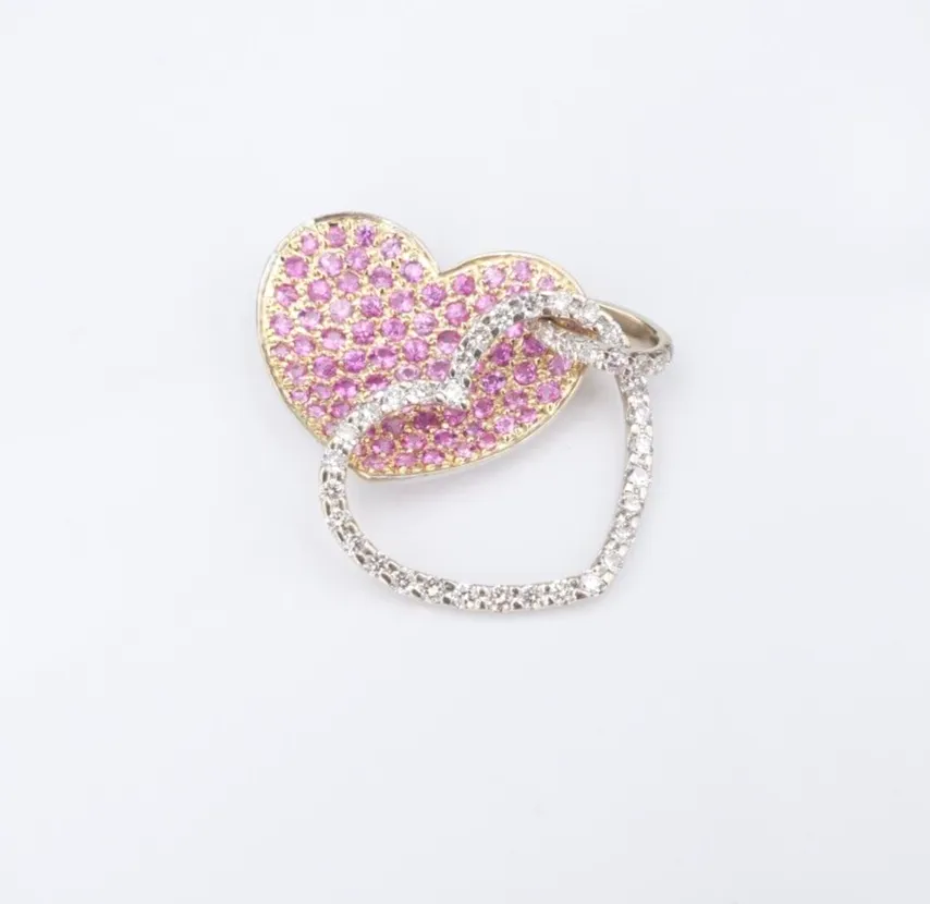 18k 2 Tone Gold Diamond Pendant Heart Pink Sapphire White Yellow 1" PG1897