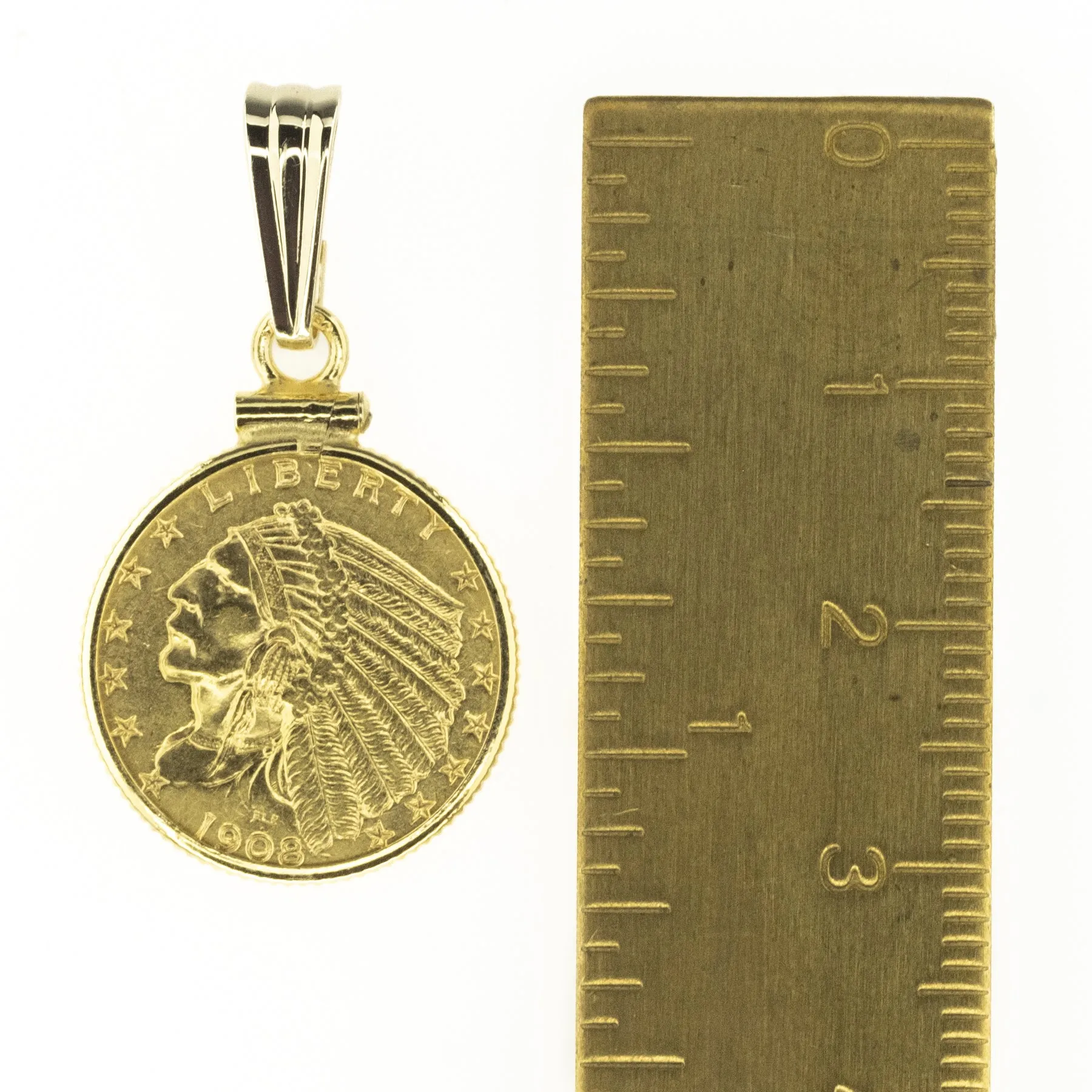 1908 21K American Indian Head $2.50 Coin Pendant w/ 14K Yellow Gold Bezel