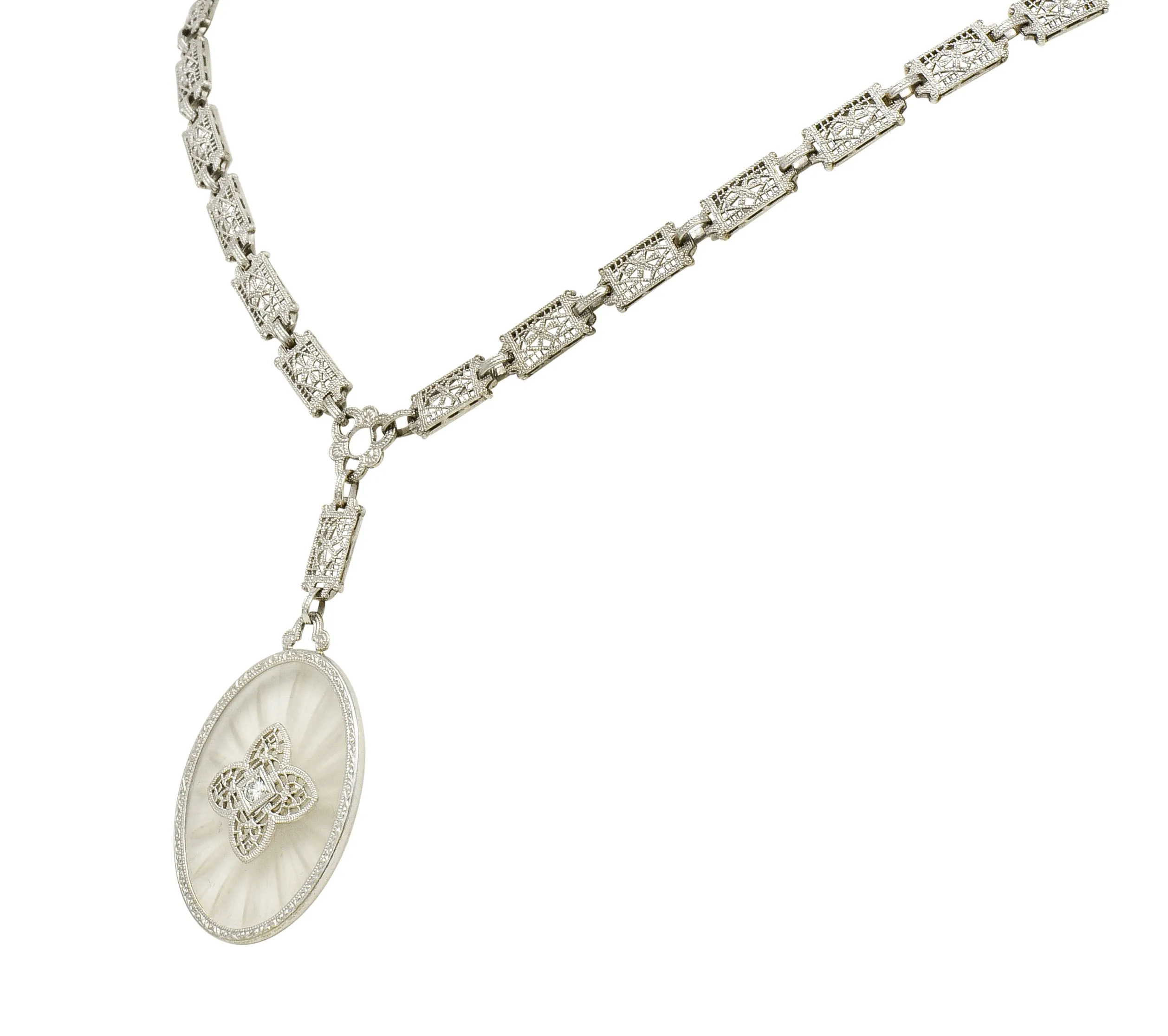 1920's Art Deco Diamond Camphor Glass Platinum Oval Drop Necklace