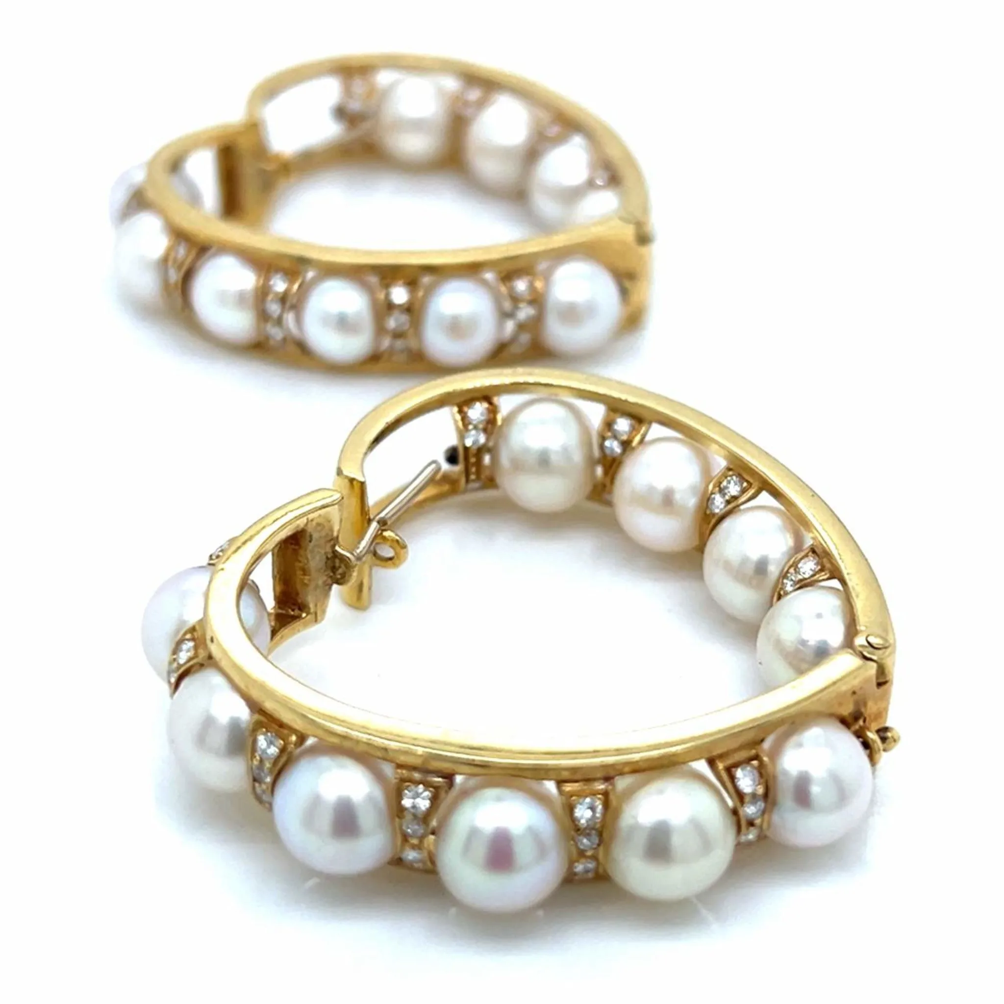 1970s 18KT Yellow Gold Diamond & Cultured Pearl Heart Earrings