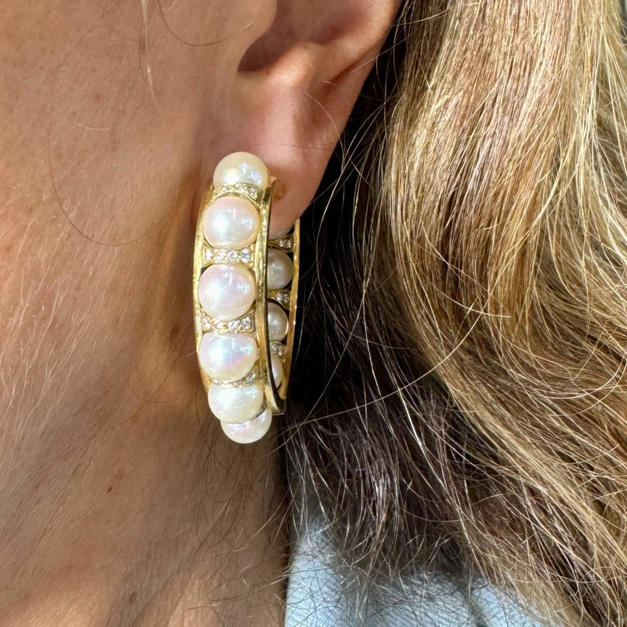 1970s 18KT Yellow Gold Diamond & Cultured Pearl Heart Earrings