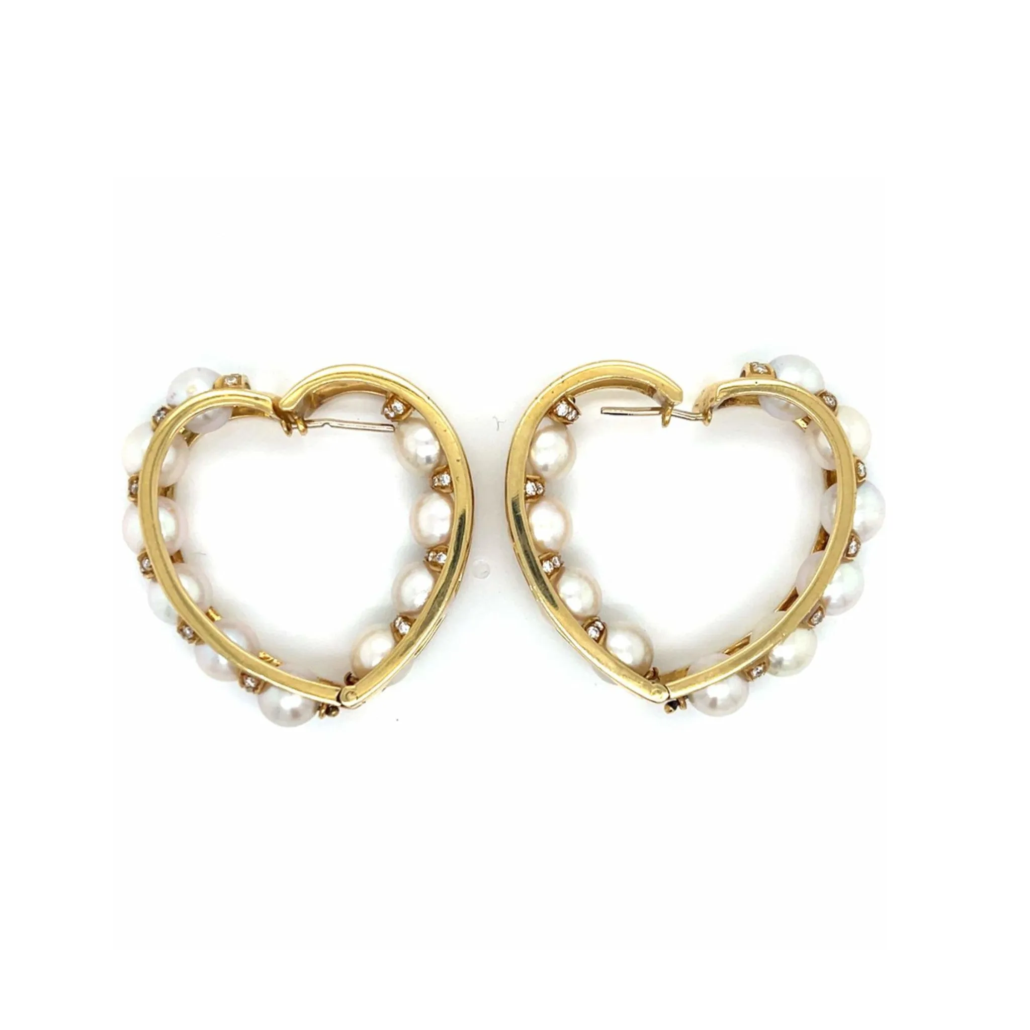 1970s 18KT Yellow Gold Diamond & Cultured Pearl Heart Earrings