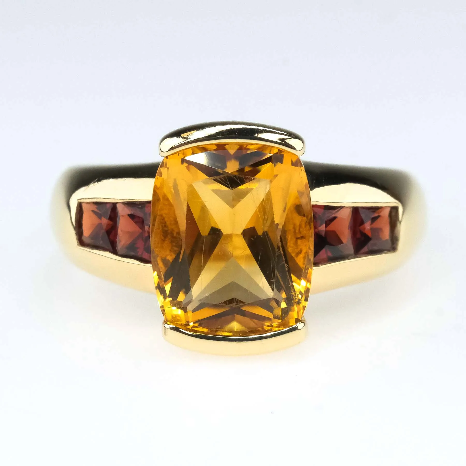 2.22ctw Cushion Citrine with Garnet Accented Gemstone Ring in 10K Yellow Gold