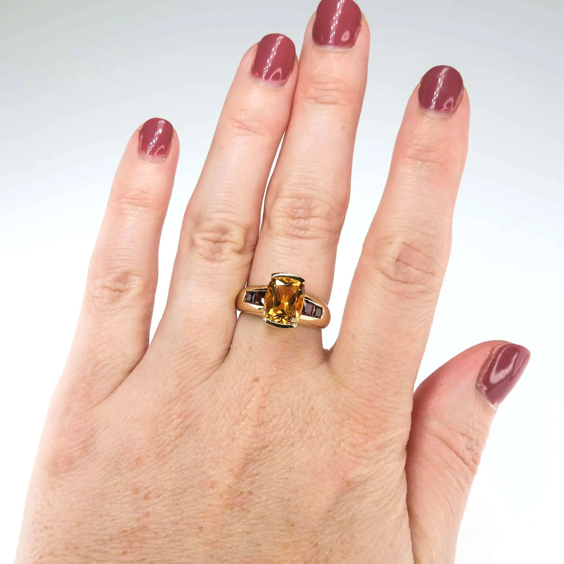 2.22ctw Cushion Citrine with Garnet Accented Gemstone Ring in 10K Yellow Gold