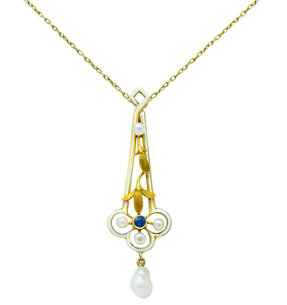 A.J. Hedges & Co. 1905 Art Nouveau Enamel Sapphire Pearl 14 Karat Gold Drop Necklace