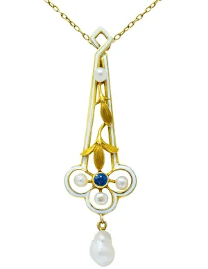 A.J. Hedges & Co. 1905 Art Nouveau Enamel Sapphire Pearl 14 Karat Gold Drop Necklace