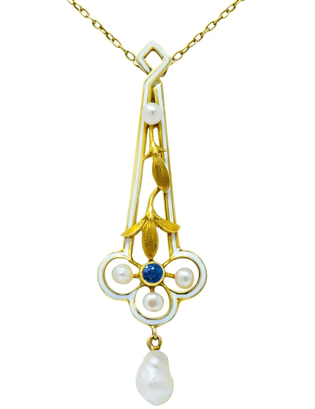 A.J. Hedges & Co. 1905 Art Nouveau Enamel Sapphire Pearl 14 Karat Gold Drop Necklace