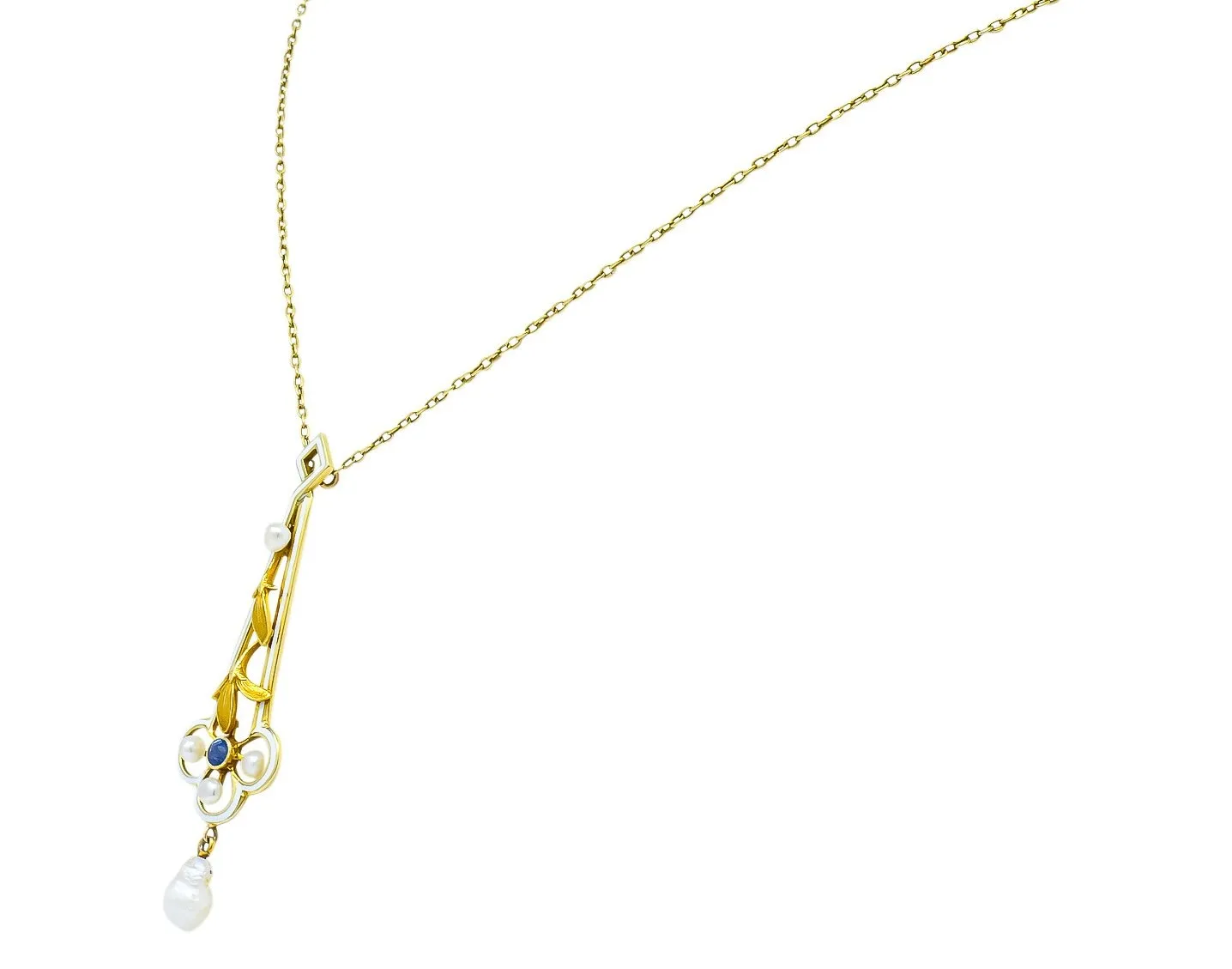 A.J. Hedges & Co. 1905 Art Nouveau Enamel Sapphire Pearl 14 Karat Gold Drop Necklace