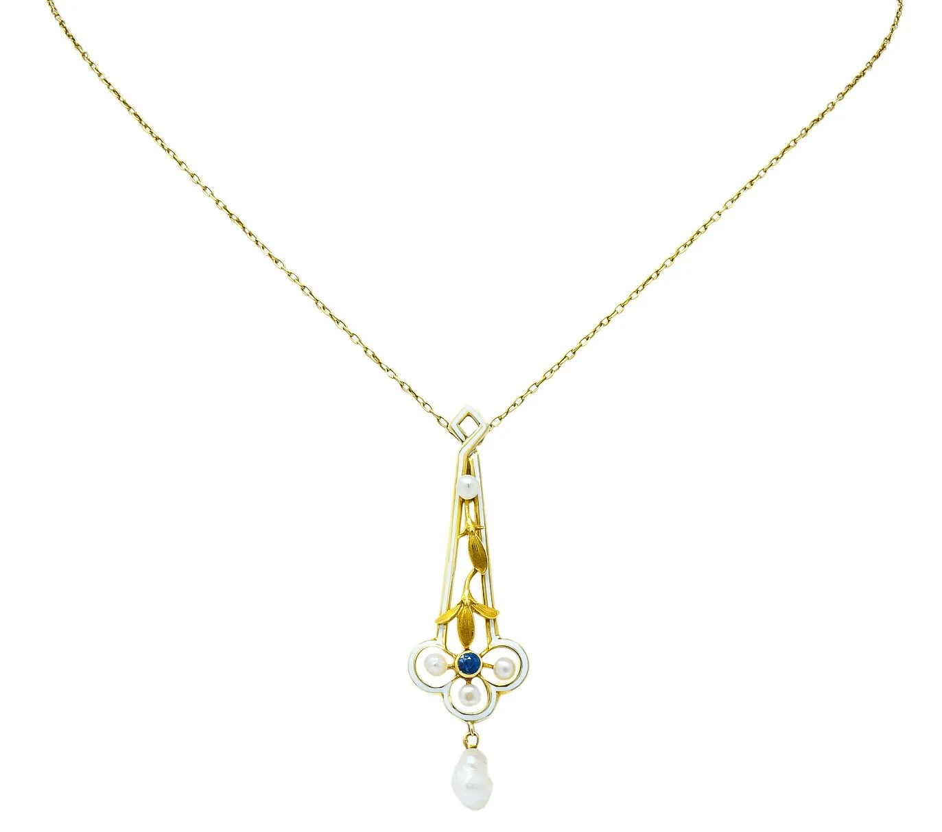 A.J. Hedges & Co. 1905 Art Nouveau Enamel Sapphire Pearl 14 Karat Gold Drop Necklace