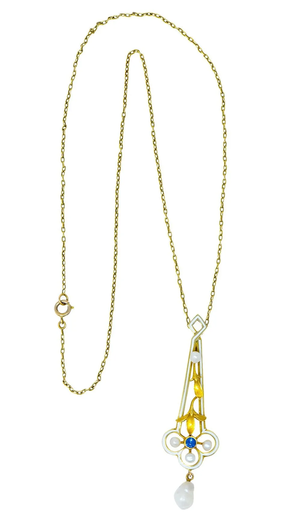 A.J. Hedges & Co. 1905 Art Nouveau Enamel Sapphire Pearl 14 Karat Gold Drop Necklace