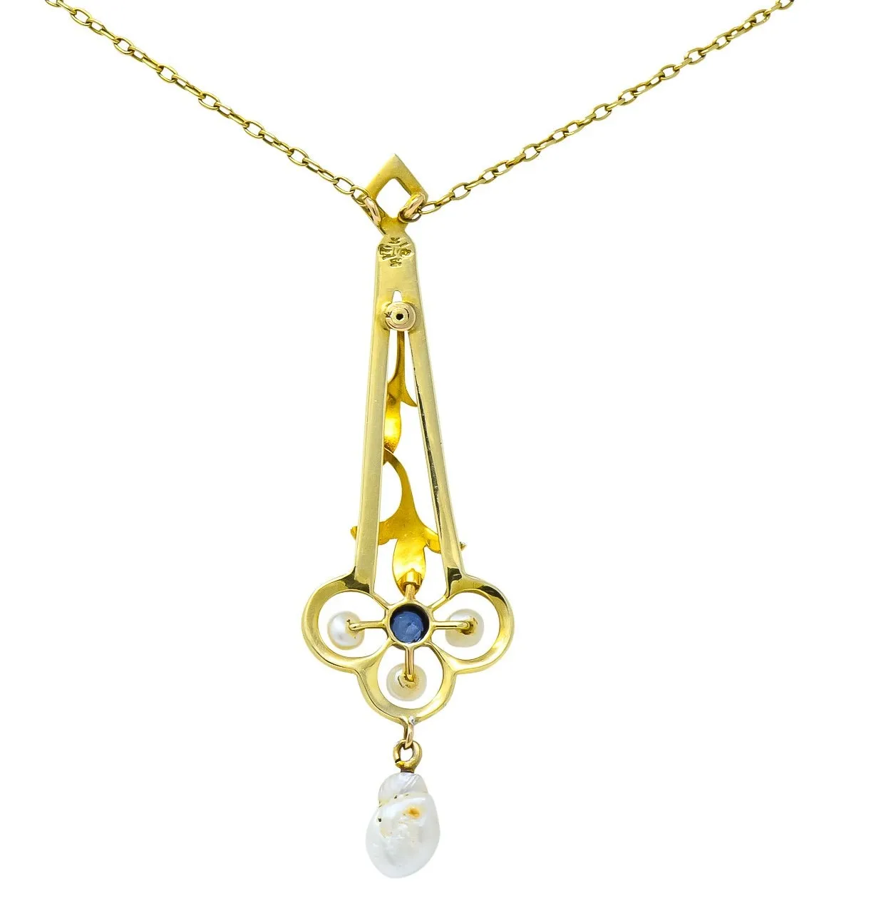A.J. Hedges & Co. 1905 Art Nouveau Enamel Sapphire Pearl 14 Karat Gold Drop Necklace