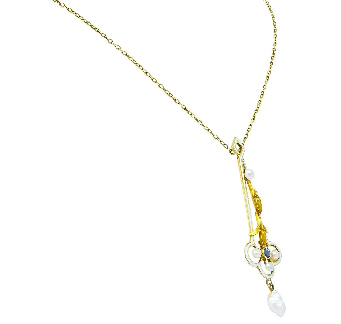 A.J. Hedges & Co. 1905 Art Nouveau Enamel Sapphire Pearl 14 Karat Gold Drop Necklace