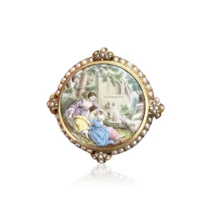 Antique 18KT Yellow Gold Enamel, Mother of Pearl & Natural Pearl Portrait Brooch