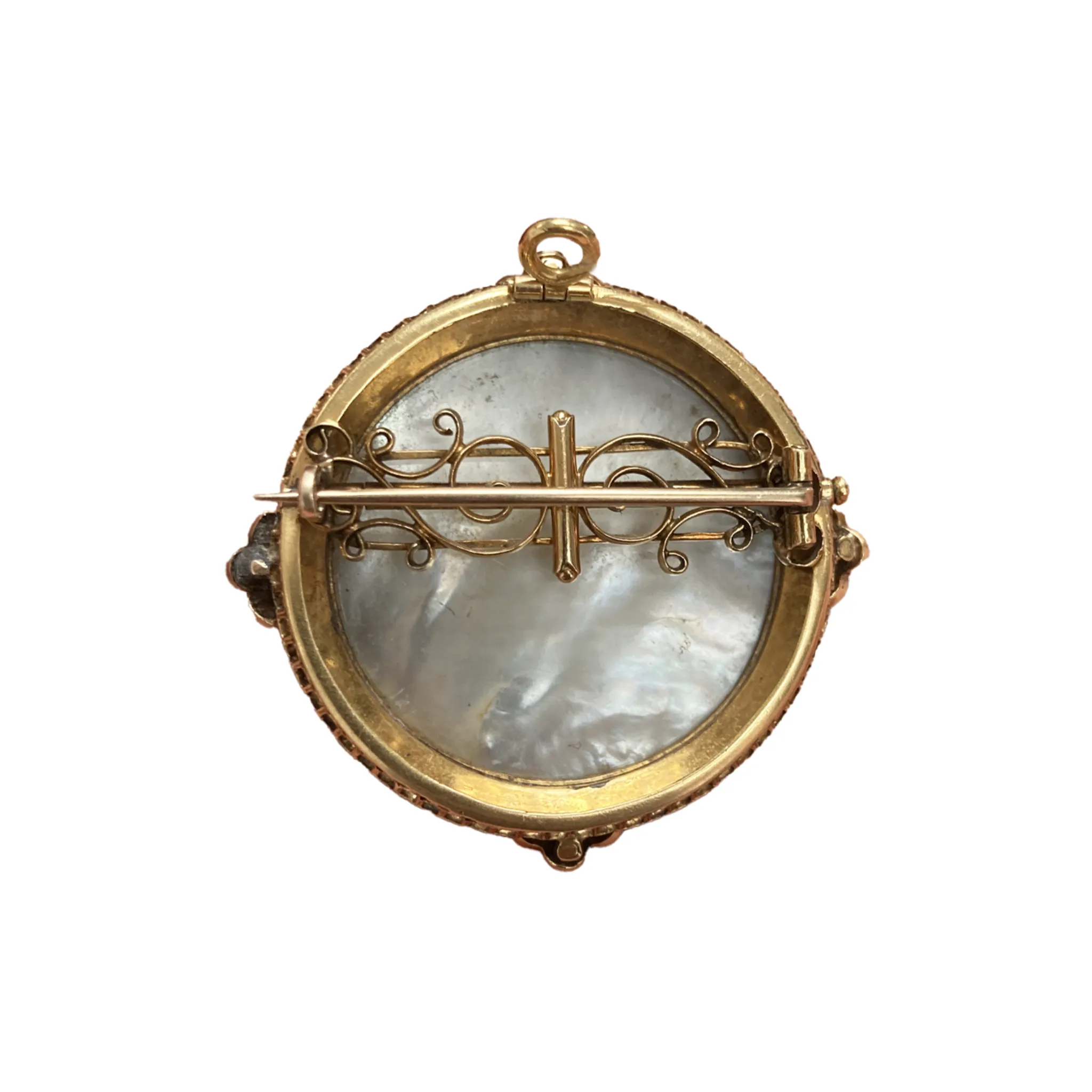Antique 18KT Yellow Gold Enamel, Mother of Pearl & Natural Pearl Portrait Brooch