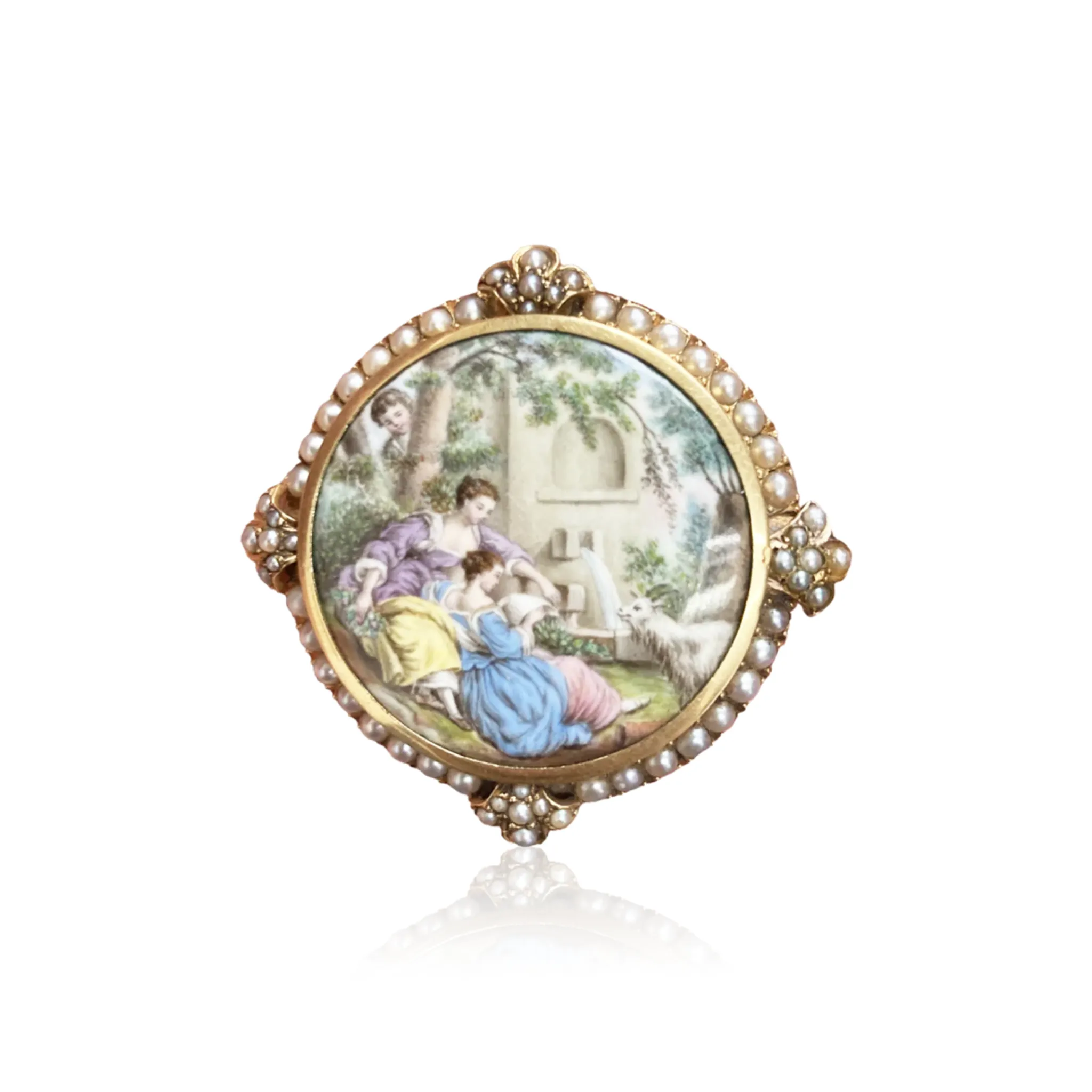 Antique 18KT Yellow Gold Enamel, Mother of Pearl & Natural Pearl Portrait Brooch