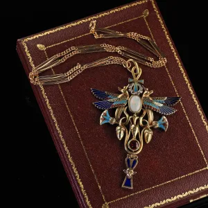 Antique Art Deco Egyptian Revival 18K Yellow Gold Opal Diamond Garnet Pendant