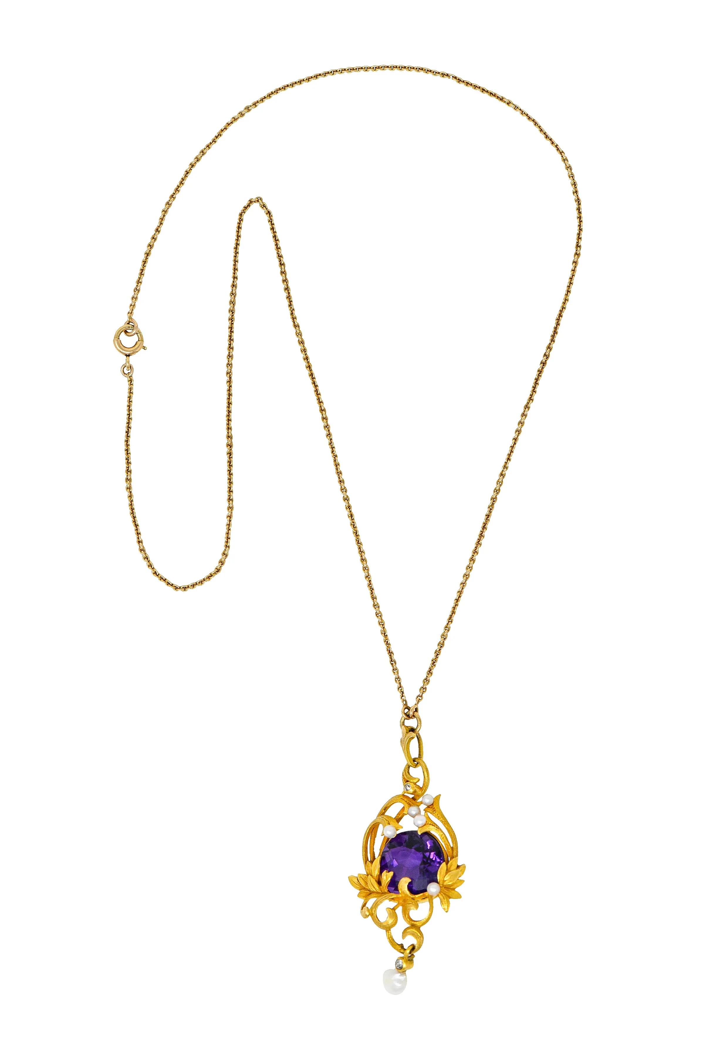 Art Nouveau 14 Karat Gold Amethyst Diamond Pearl Foliate Drop Pendant Necklace