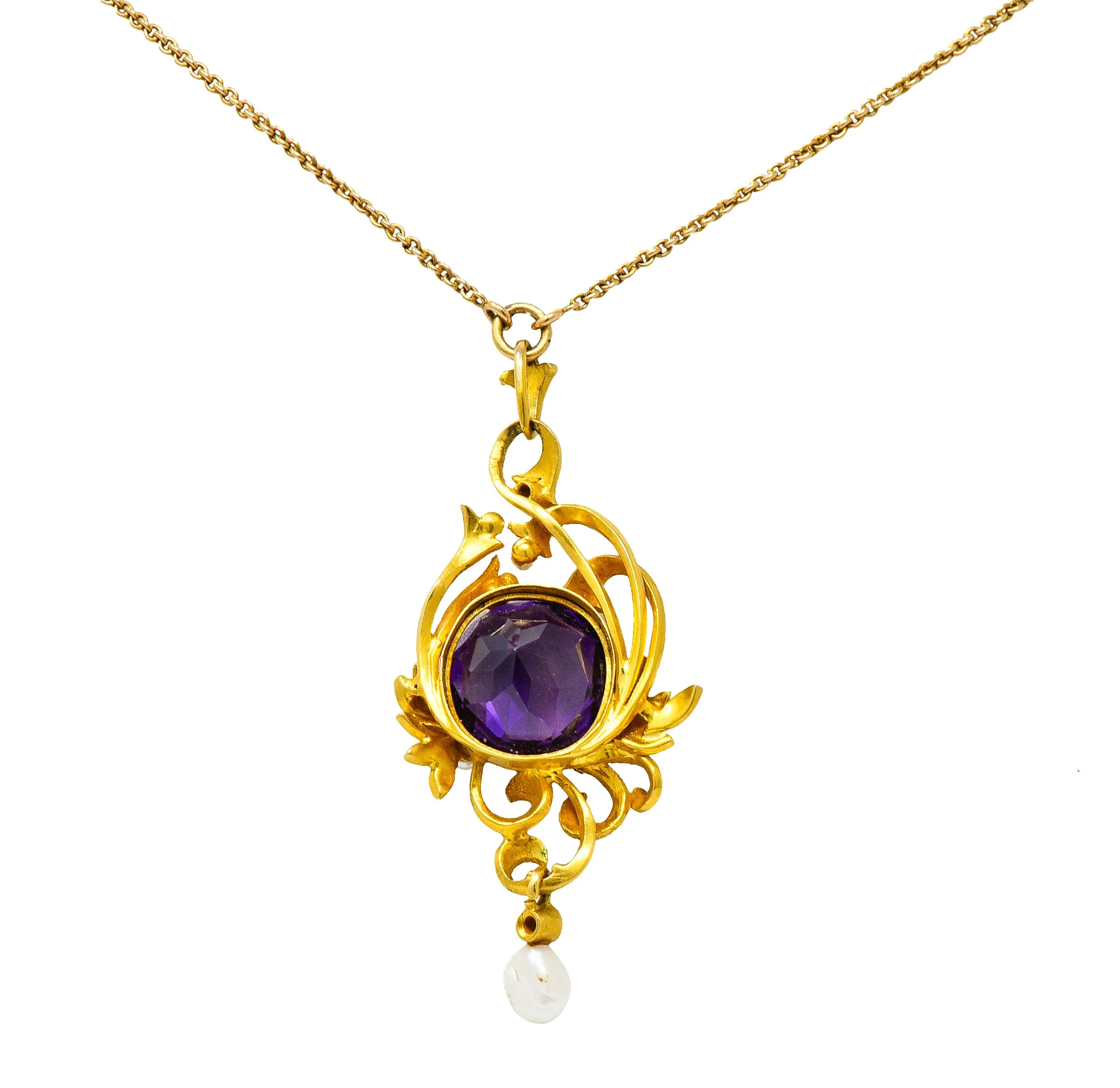 Art Nouveau 14 Karat Gold Amethyst Diamond Pearl Foliate Drop Pendant Necklace