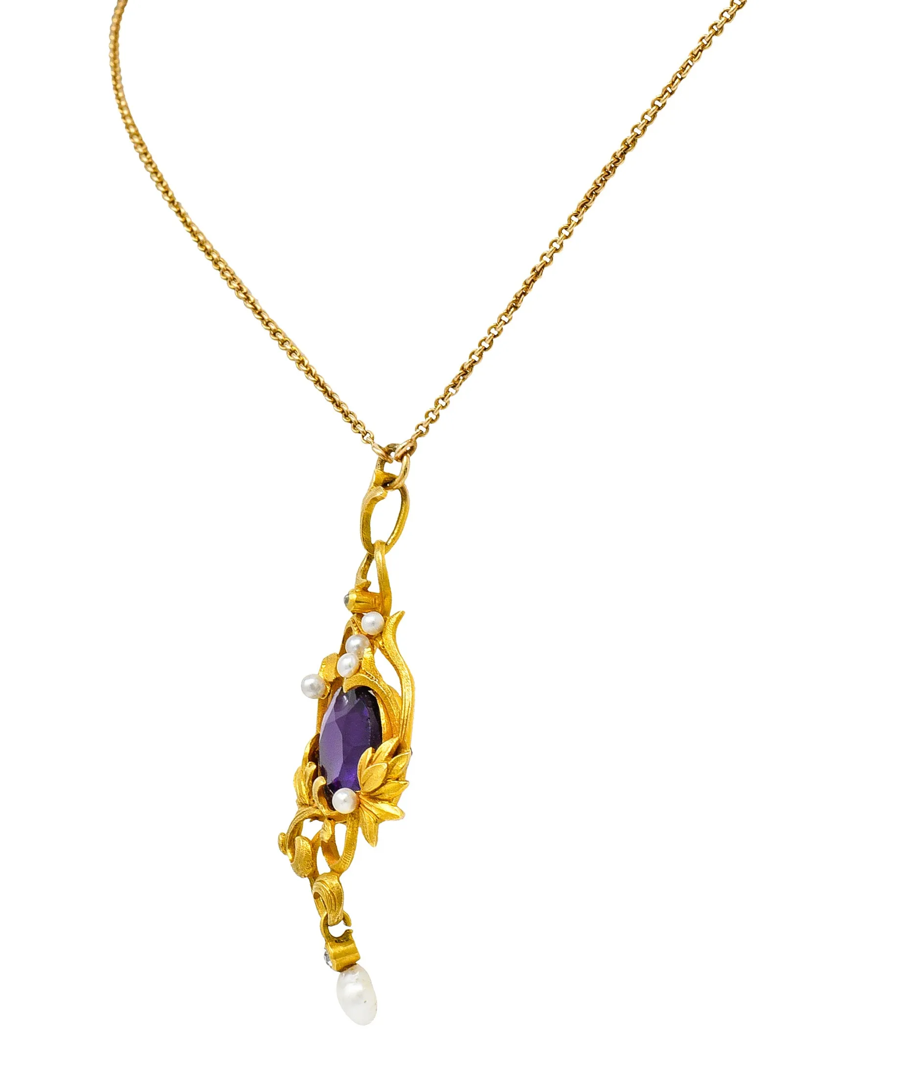 Art Nouveau 14 Karat Gold Amethyst Diamond Pearl Foliate Drop Pendant Necklace