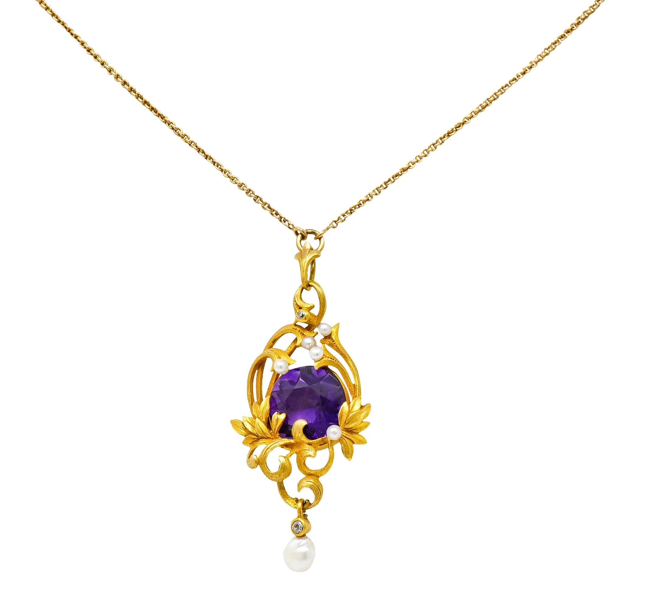 Art Nouveau 14 Karat Gold Amethyst Diamond Pearl Foliate Drop Pendant Necklace