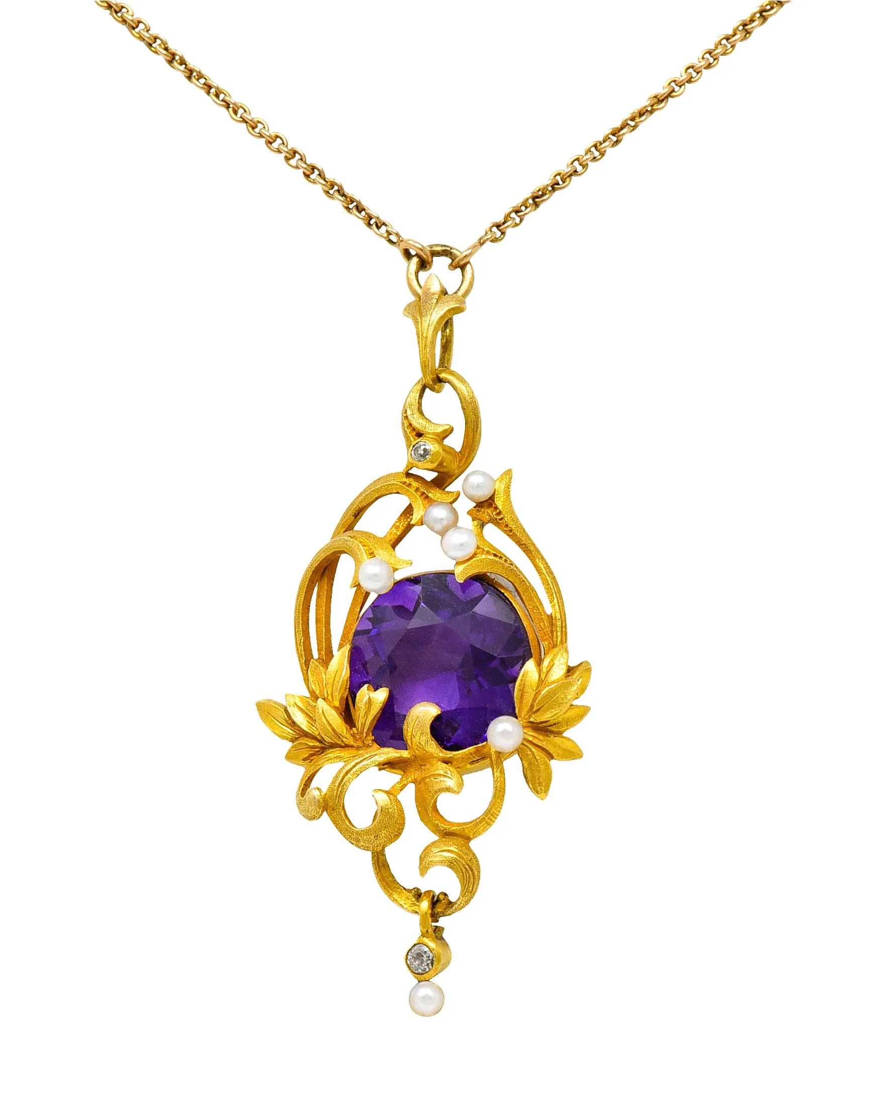 Art Nouveau 14 Karat Gold Amethyst Diamond Pearl Foliate Drop Pendant Necklace