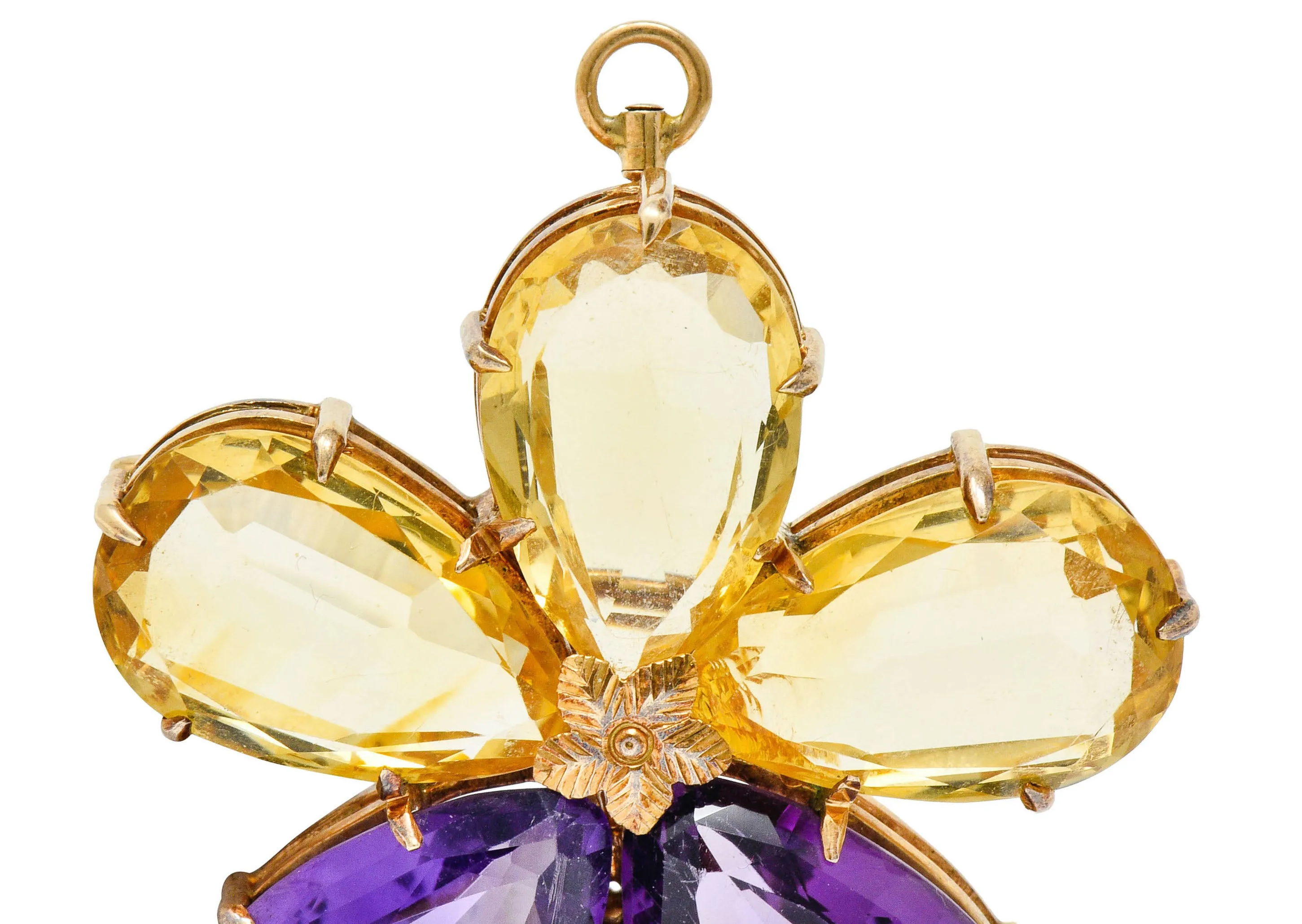 Art Nouveau Citrine Amethyst 14 Karat Rose Gold Flower Pendant Brooch