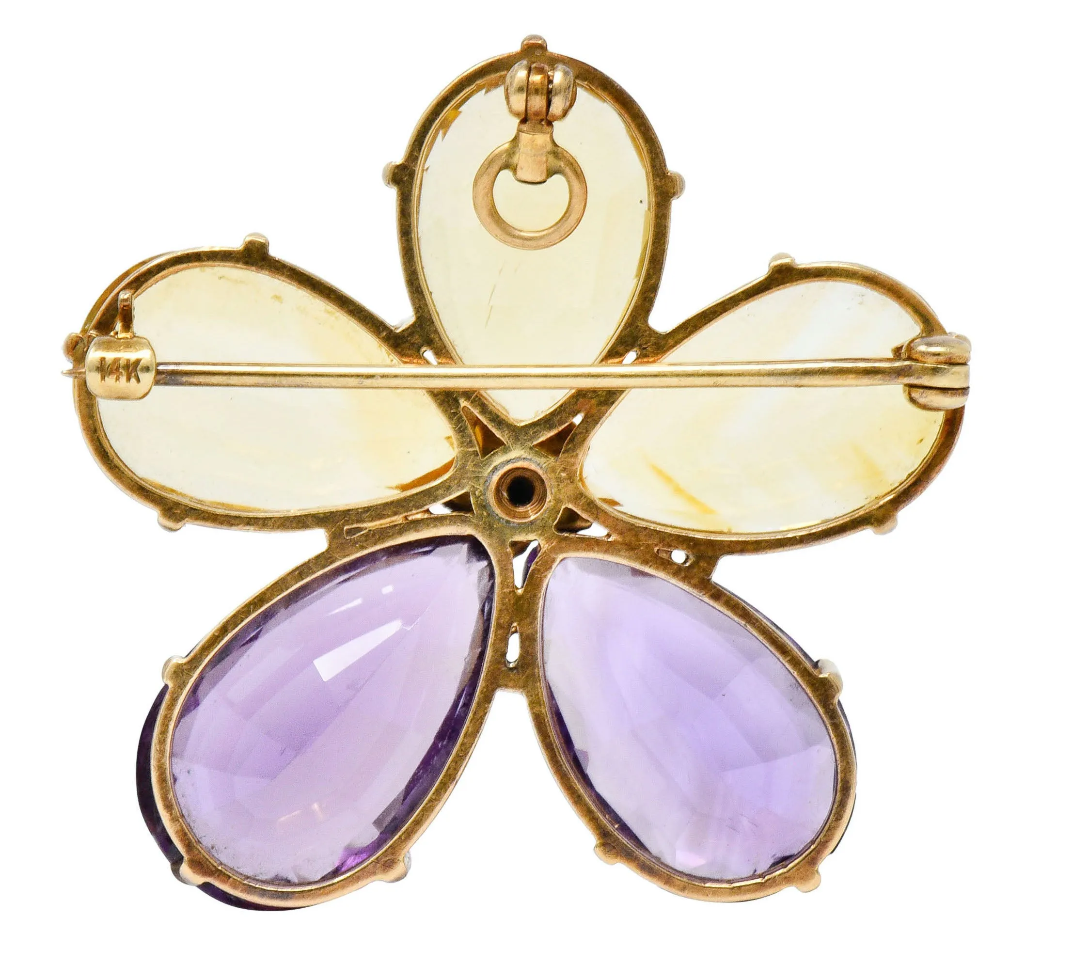 Art Nouveau Citrine Amethyst 14 Karat Rose Gold Flower Pendant Brooch