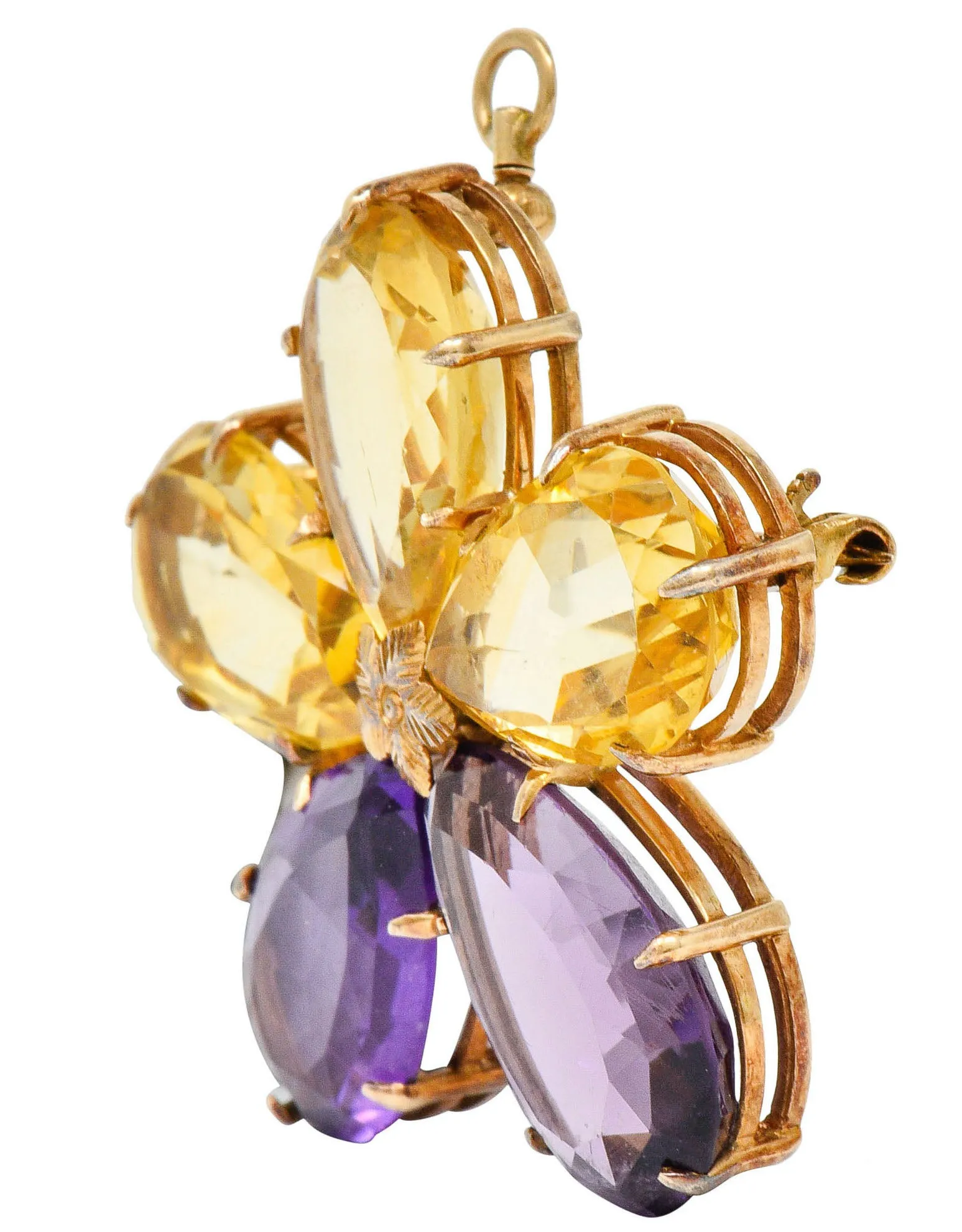 Art Nouveau Citrine Amethyst 14 Karat Rose Gold Flower Pendant Brooch