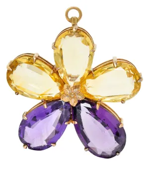 Art Nouveau Citrine Amethyst 14 Karat Rose Gold Flower Pendant Brooch