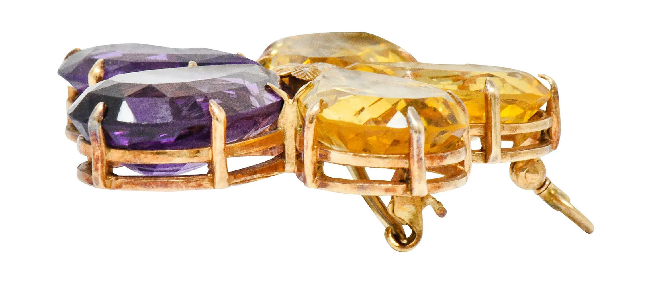Art Nouveau Citrine Amethyst 14 Karat Rose Gold Flower Pendant Brooch