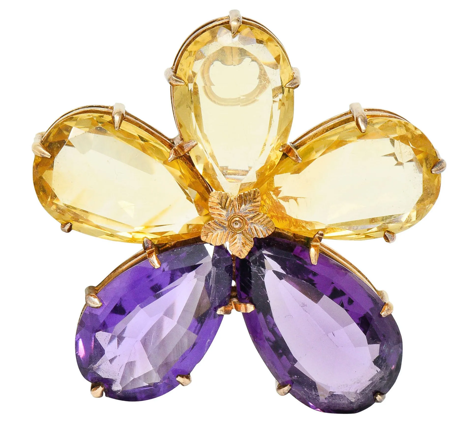 Art Nouveau Citrine Amethyst 14 Karat Rose Gold Flower Pendant Brooch