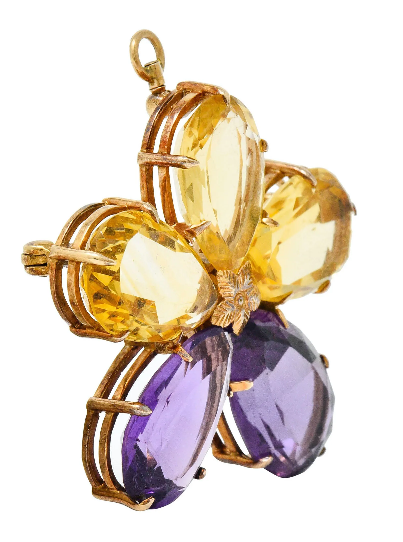 Art Nouveau Citrine Amethyst 14 Karat Rose Gold Flower Pendant Brooch