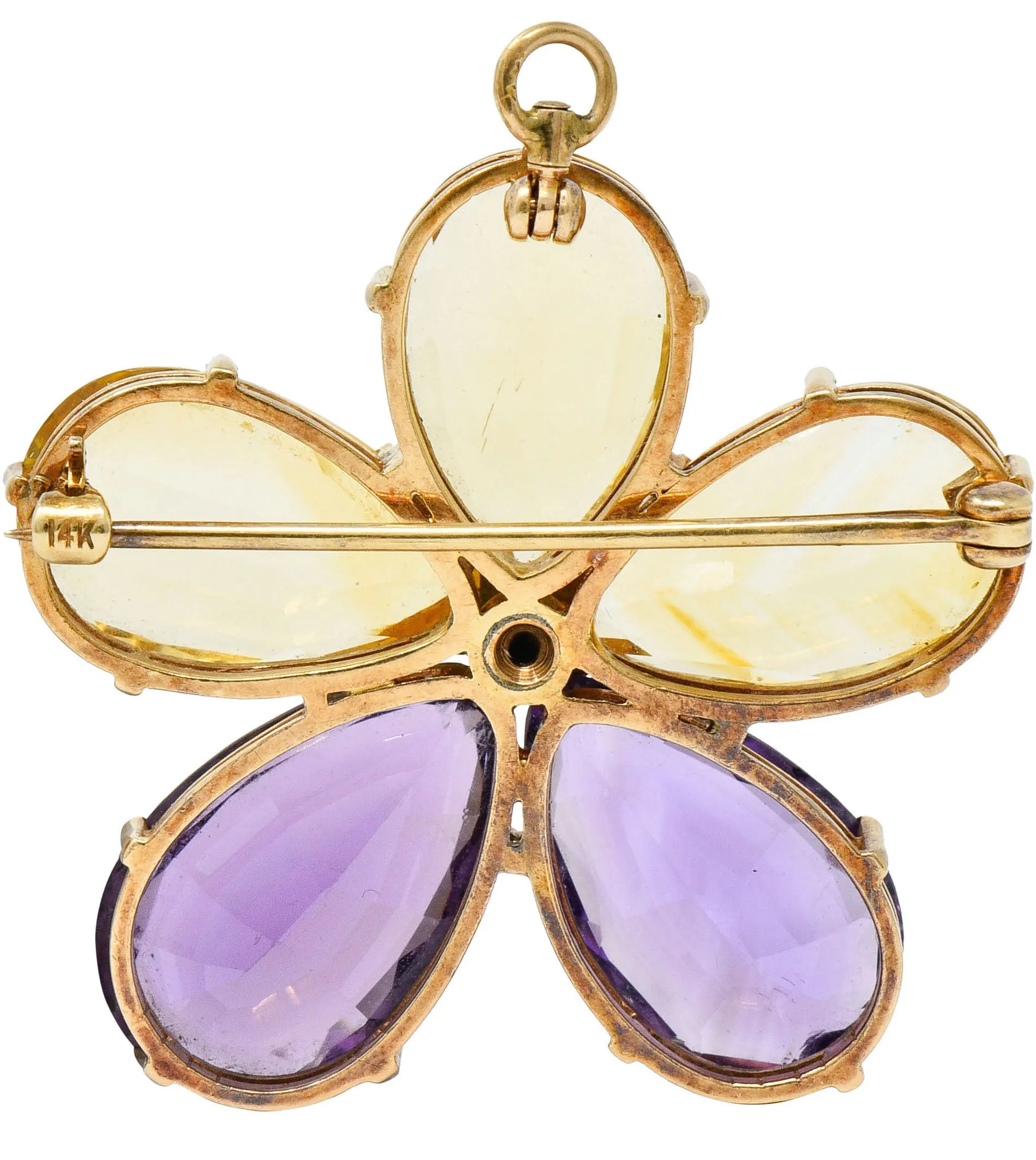 Art Nouveau Citrine Amethyst 14 Karat Rose Gold Flower Pendant Brooch