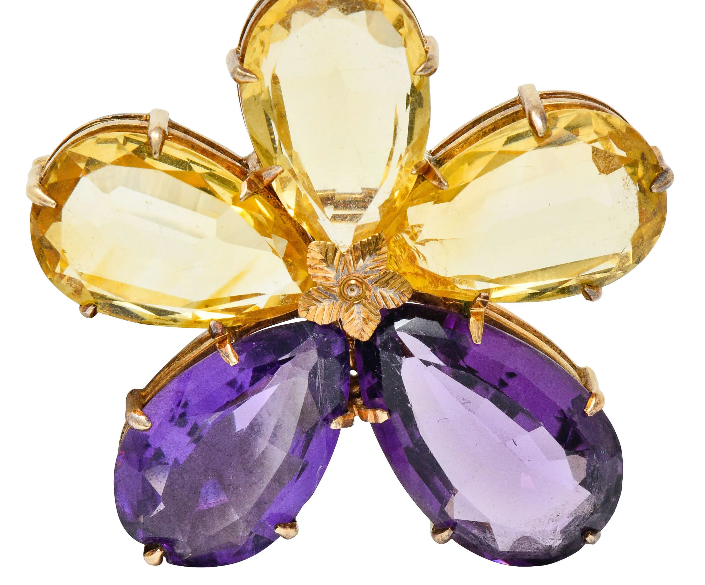 Art Nouveau Citrine Amethyst 14 Karat Rose Gold Flower Pendant Brooch