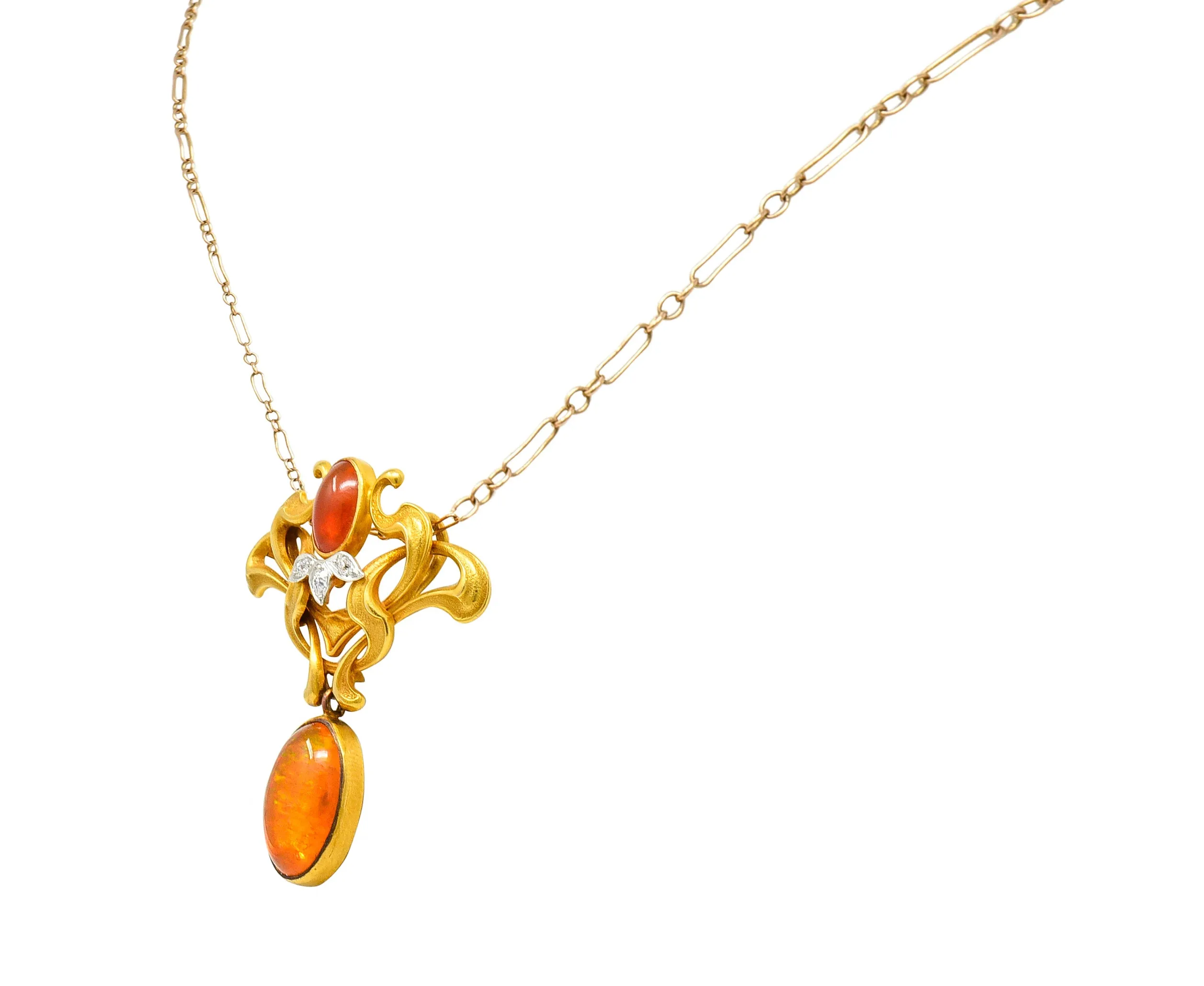 Art Nouveau Mexican Fire Opal Diamond 14 Karat Gold Whiplash Pendant Necklace