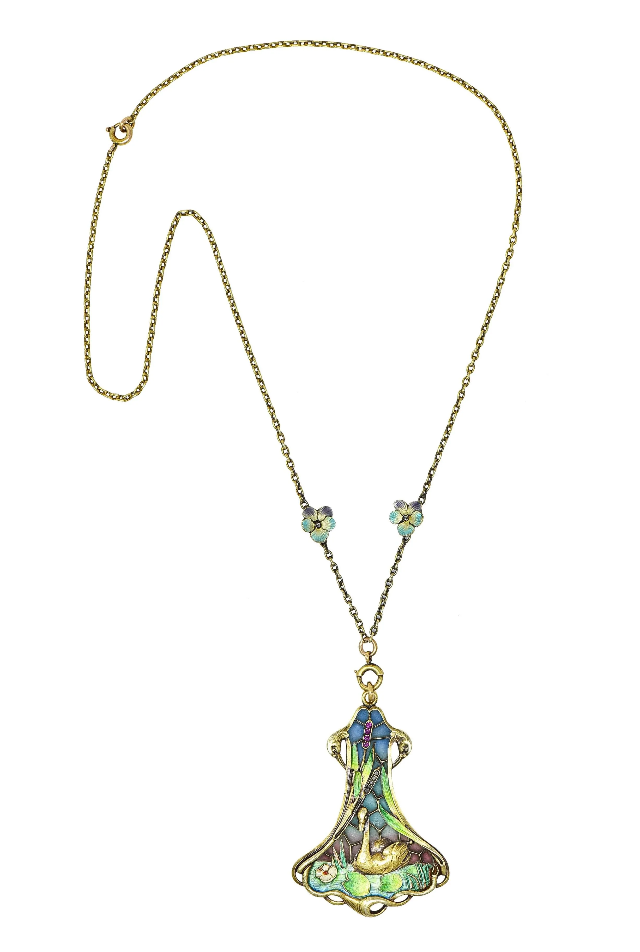 Art Nouveau Plique-A-Jour Enamel 14 Karat Gold Antique Swan Bird Lake Lily Pad Pendant Necklace