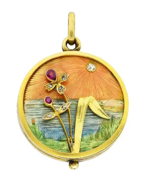 Art Nouveau Ruby Diamond Enamel 14 Karat Gold Antique Portrait Mirror Locket Pendant
