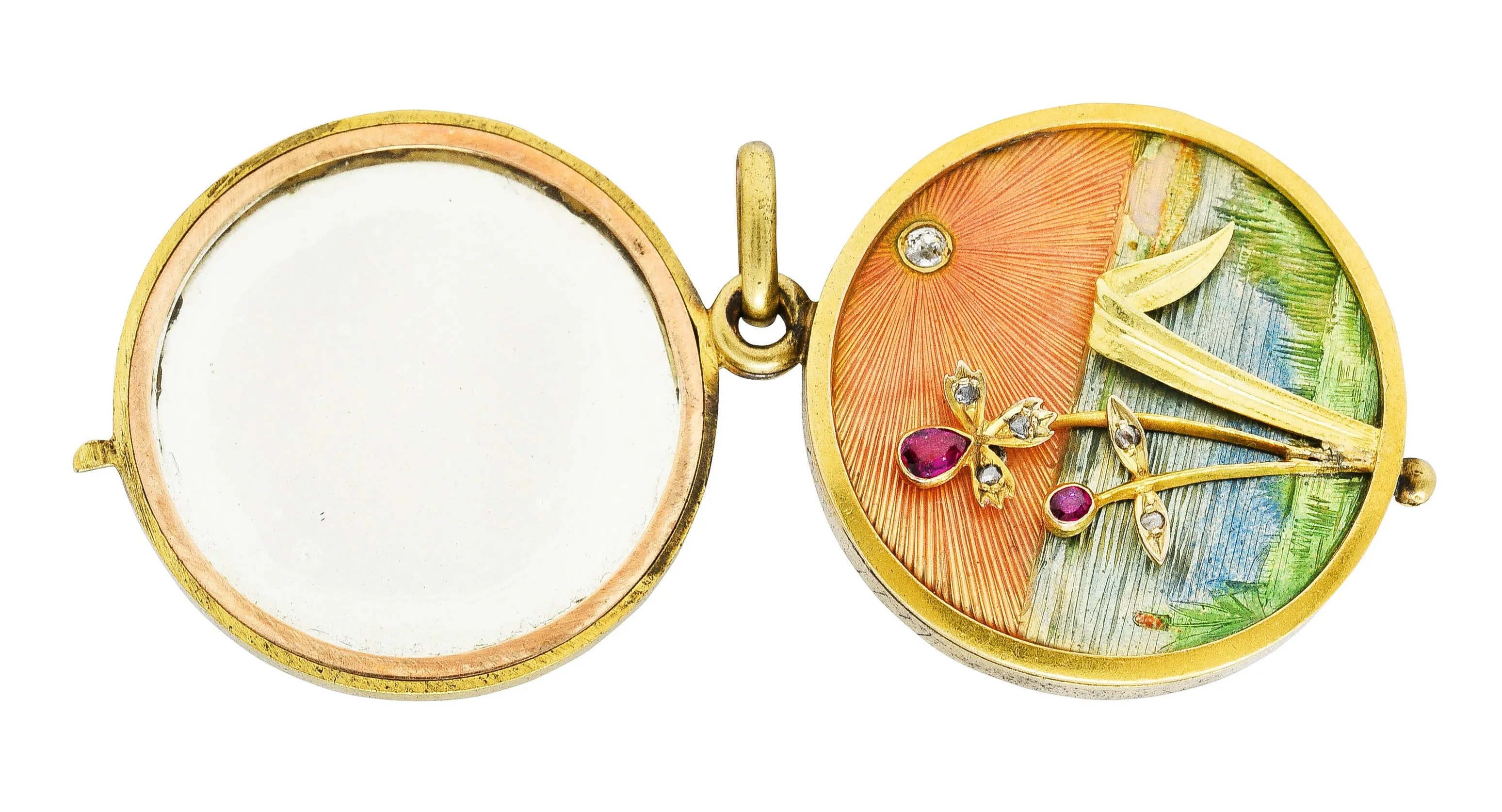 Art Nouveau Ruby Diamond Enamel 14 Karat Gold Antique Portrait Mirror Locket Pendant