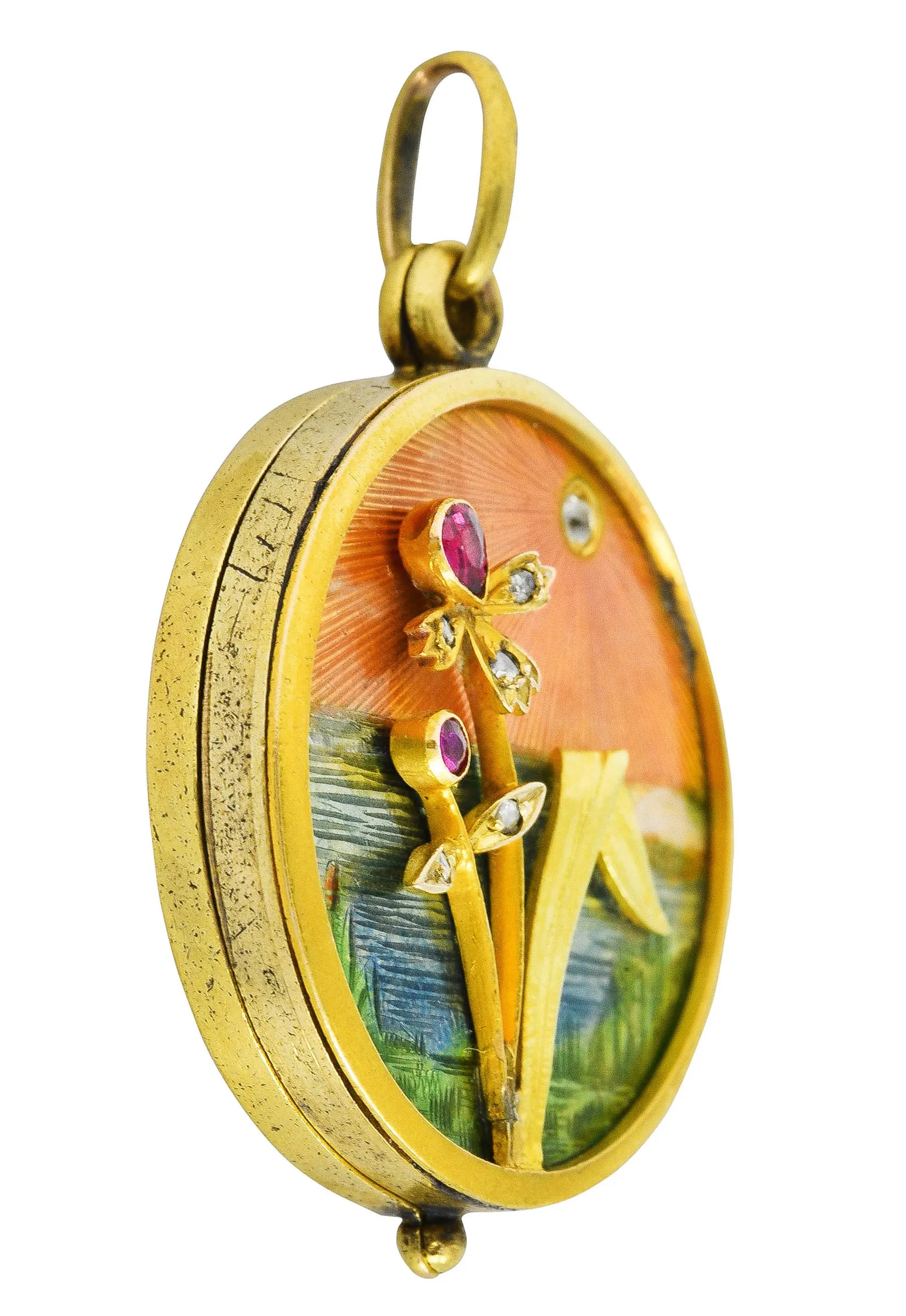 Art Nouveau Ruby Diamond Enamel 14 Karat Gold Antique Portrait Mirror Locket Pendant