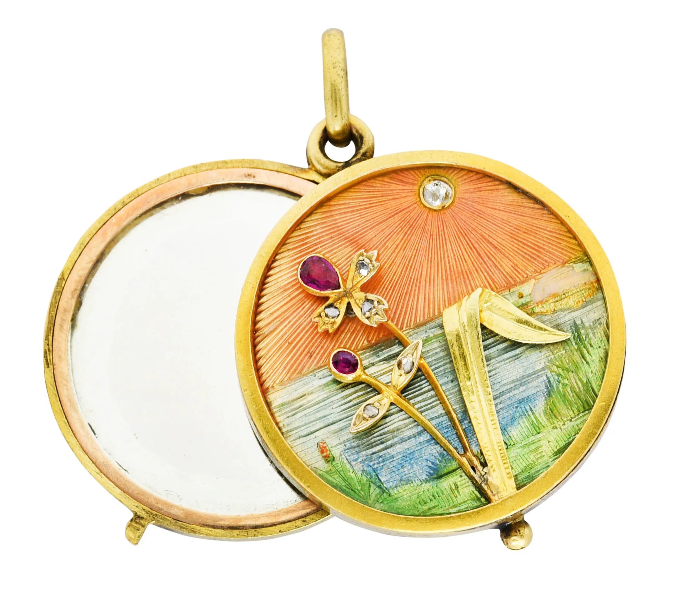 Art Nouveau Ruby Diamond Enamel 14 Karat Gold Antique Portrait Mirror Locket Pendant