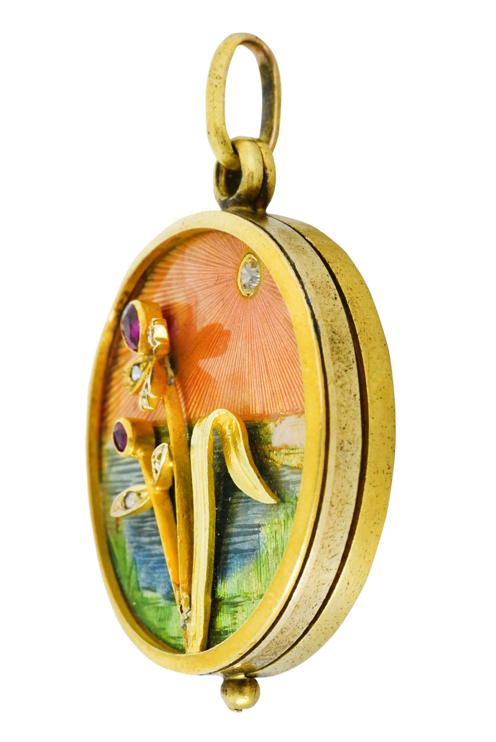 Art Nouveau Ruby Diamond Enamel 14 Karat Gold Antique Portrait Mirror Locket Pendant