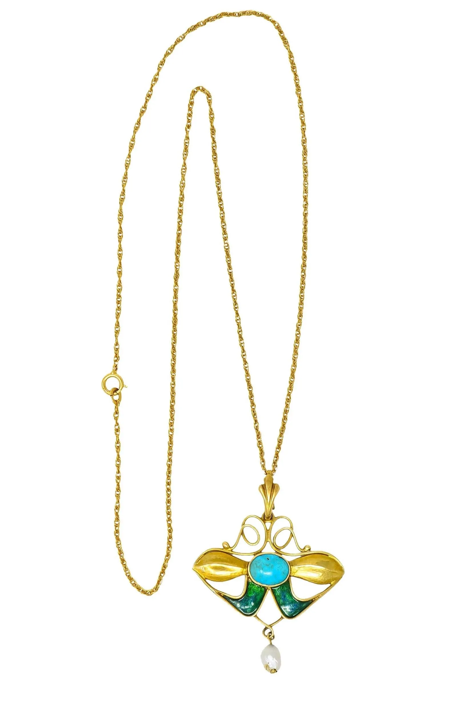 Art Nouveau Turquoise Enamel Natural Pearl Floral Drop Pendant Necklace