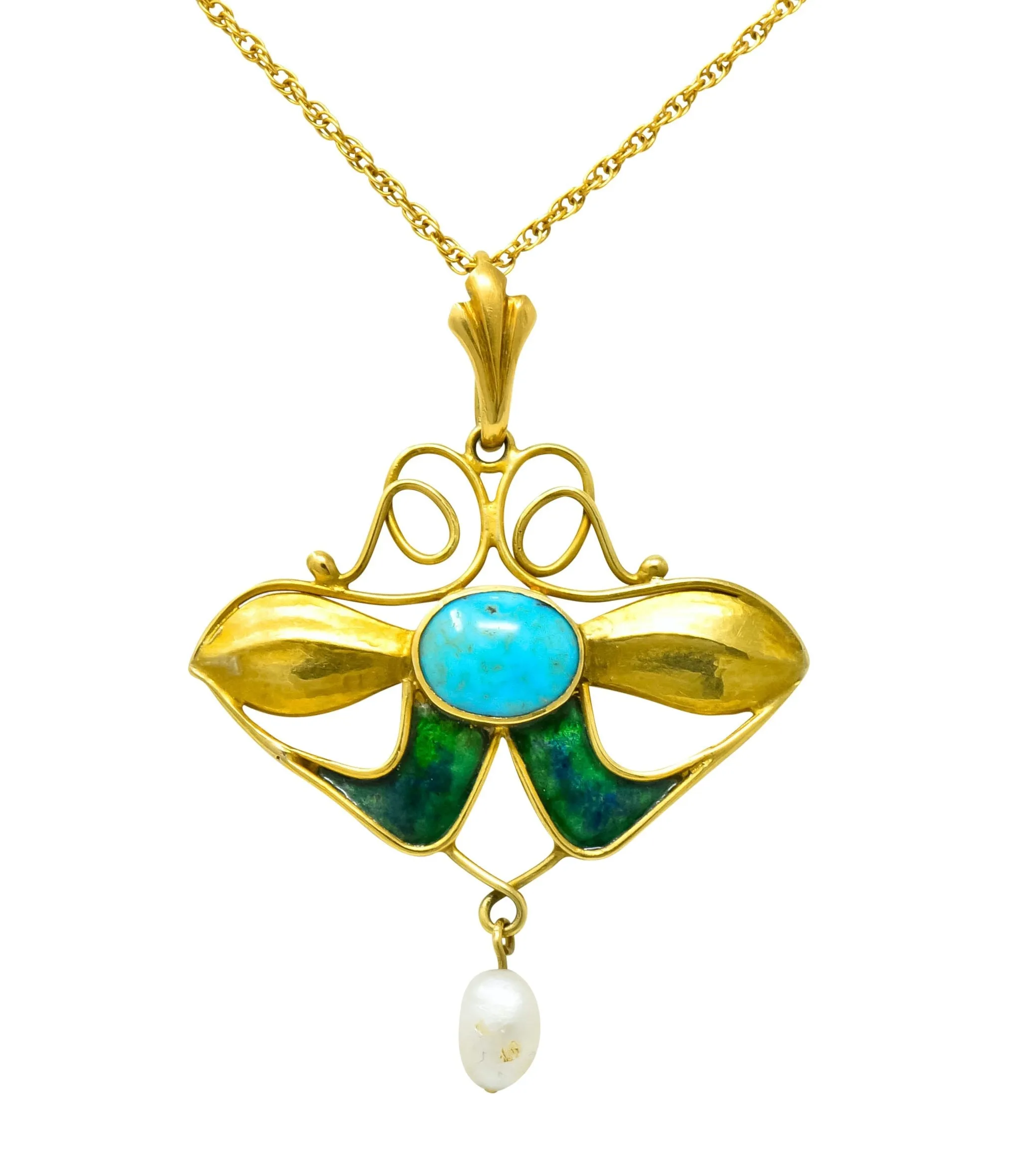 Art Nouveau Turquoise Enamel Natural Pearl Floral Drop Pendant Necklace