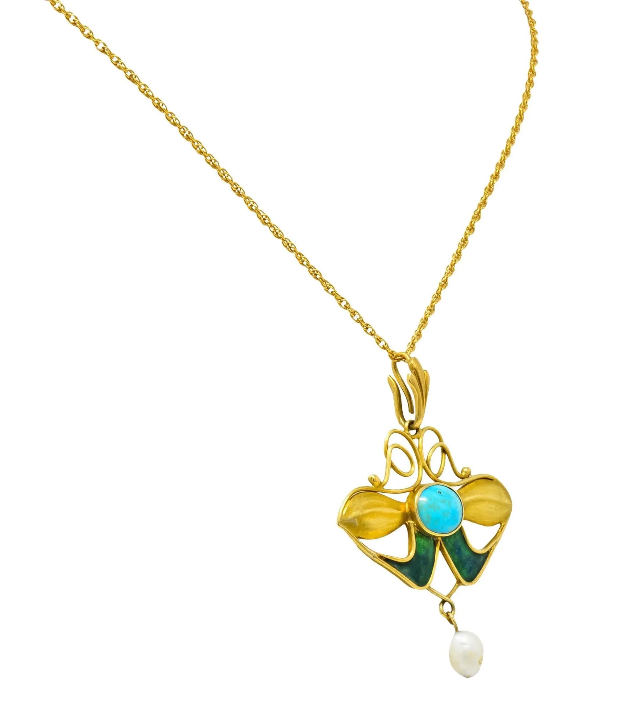 Art Nouveau Turquoise Enamel Natural Pearl Floral Drop Pendant Necklace